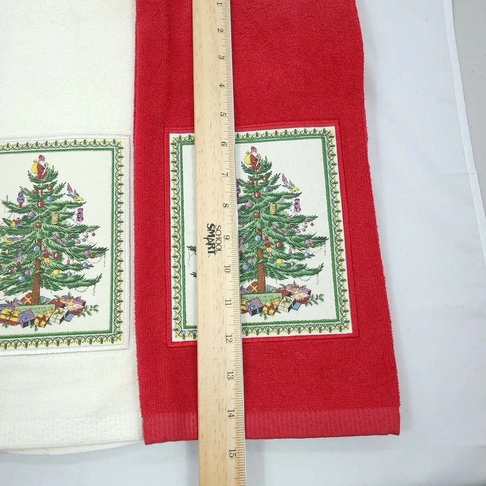 Spode Christmas Tree Hand Towels Red White Cotton Holiday Embroidered Dish Cloth